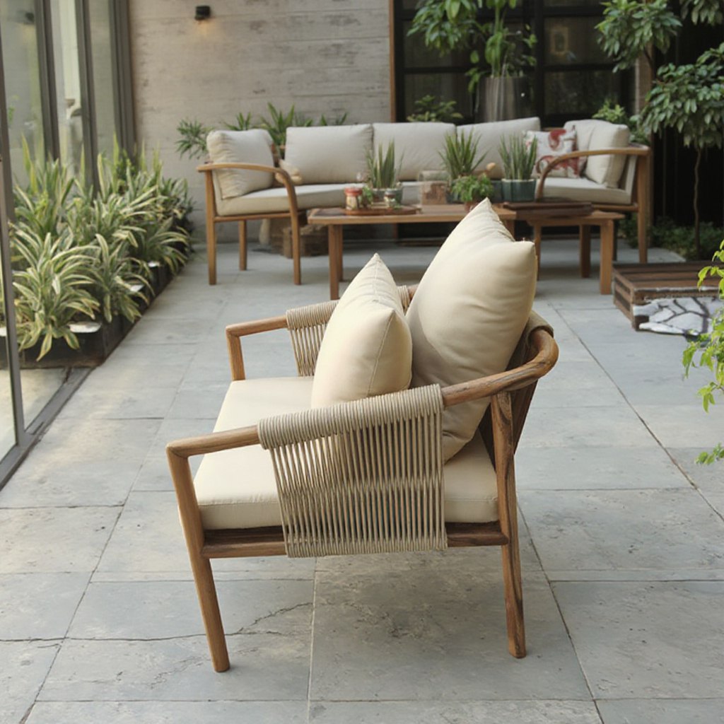 Bộ ghế sofa ngoài trời khung gỗ, dây rope, nệm kem, bối cảnh sân vườn hiện đại