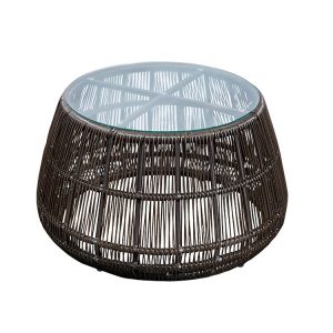 Bàn trà sân vườn mặt kính, khung nhôm đan dây nhựa giả mây