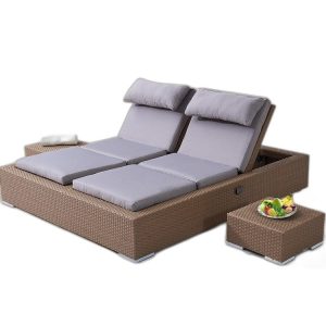 Giường Tắm Nắng Đôi Ngoài Trời Nhựa Giả Mây Cao Cấp, Kèm Bàn Phụ nền trắng